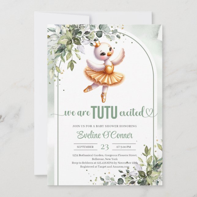 Cute little swan with gold tutu dress eucalyptus  invitation (Front)