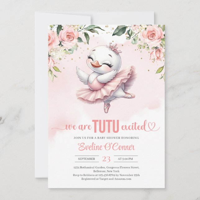 Cute little swan with pink tutu dress gold splash invitation (Front)