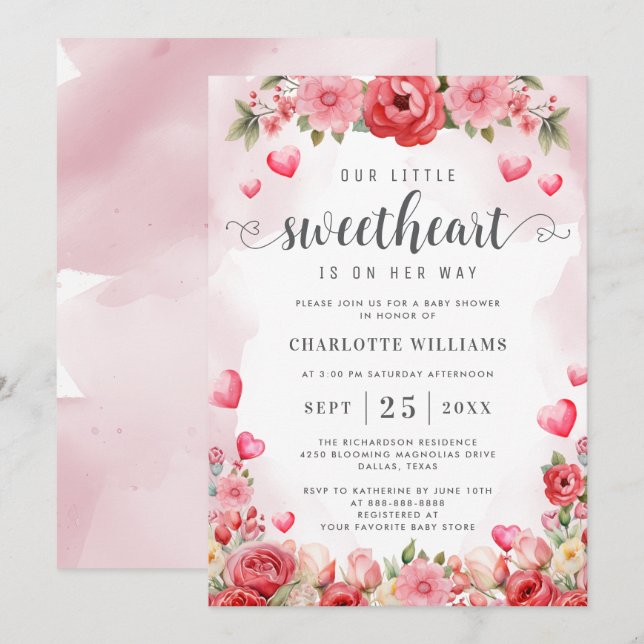 Cute Little Sweetheart Baby Shower Floral Hearts Invitation (Front/Back)