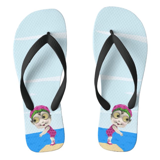 Cute Little Swimmer Girl Googly Eyes Pink Flip Flops (Footbed)