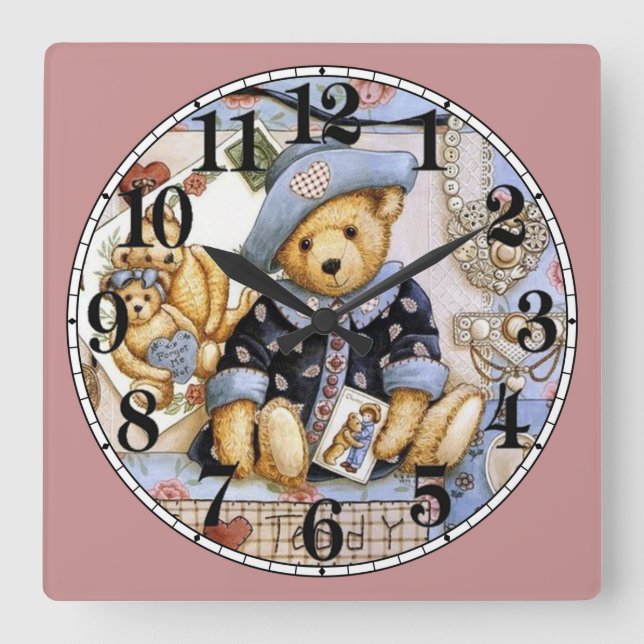 Cute Little Teddy Bear Square Wall Clock (Front)