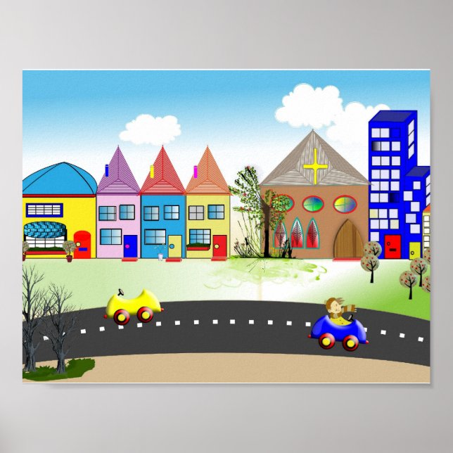 Cute Little Town Colourful Nursery Poster Print (Front)