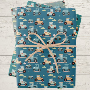 Cute little tractor pattern blue Wrapping Paper