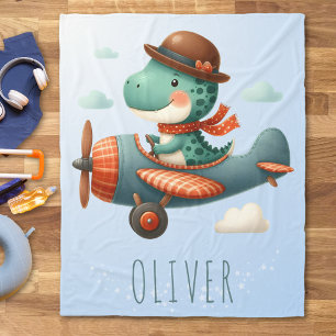Cute Little Trex Dinosaur Flying Aeroplane Fleece Blanket