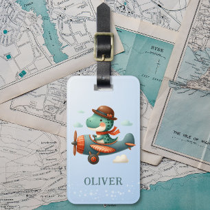 Cute Little Trex Dinosaur Flying Aeroplane Luggage Tag