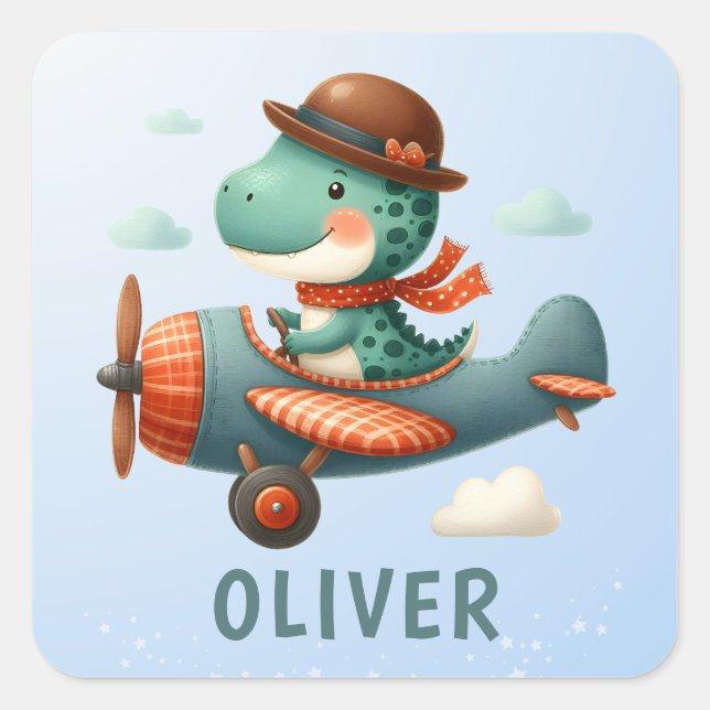 Cute Little Trex Dinosaur Flying Aeroplane Square Sticker (Front)
