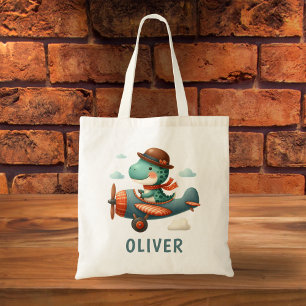 Cute Little Trex Dinosaur Flying Aeroplane Tote Bag