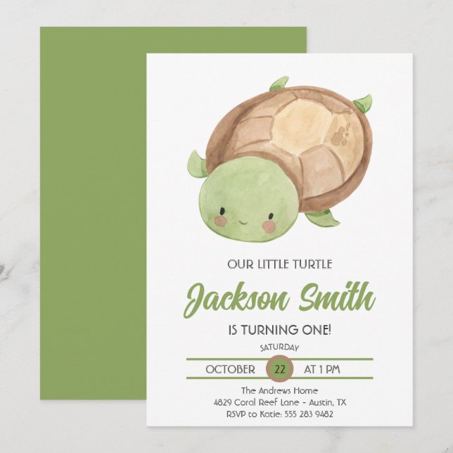 Cute Little Turtle Watercolor Birthday Party Invit Invitation (Front/Back)