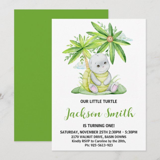 Cute Little Turtle Watercolor Birthday Party Invitation (Front/Back)