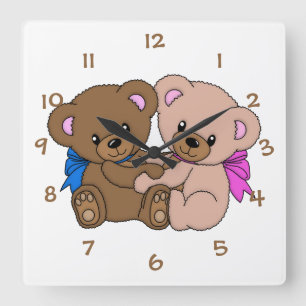 Cute Little Twin Baby Bears Nursery Child's Room Square Wall Clock