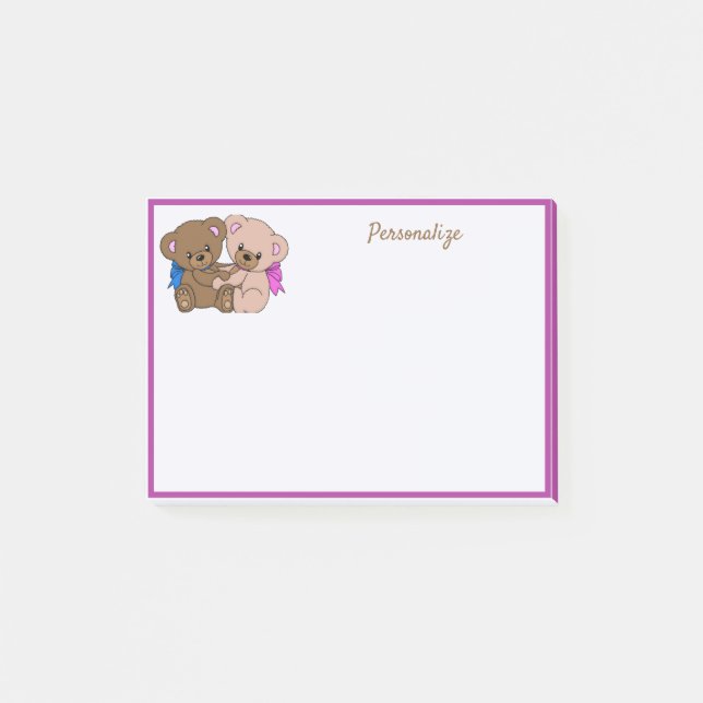 Cute Little Twin Teddy Bears Personalised Post-it Notes (Front)