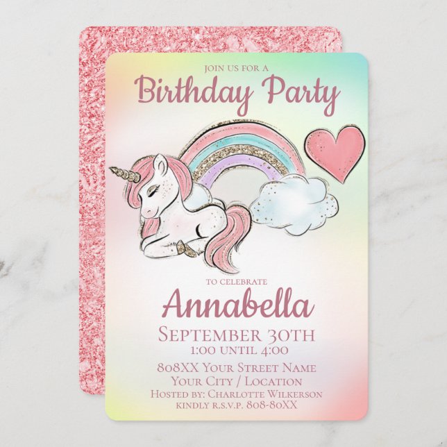 Cute Little Unicorn and Rainbow with Gold Glitter Invitation (Front/Back)
