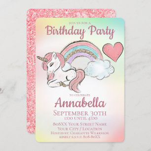 Cute Little Unicorn and Rainbow with Gold Glitter Invitation