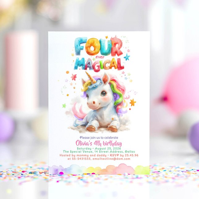 Cute Little Unicorn Girl's 4th Birthday Party Invitation (Four Ever Magical Unicorn Birthday Invitations)
