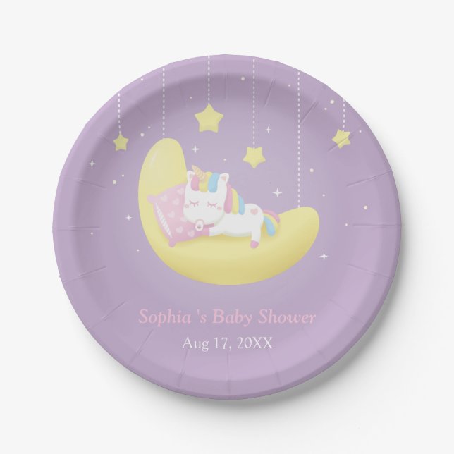 Cute Little Unicorn on Moon Baby Shower Plates (Front)