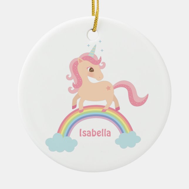 Cute Little Unicorn on Rainbow Girls Ornament (Front)