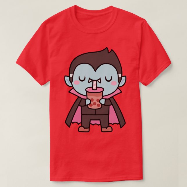 Cute Little Vampire Sucking Bubble Tea T-Shirt (Design Front)