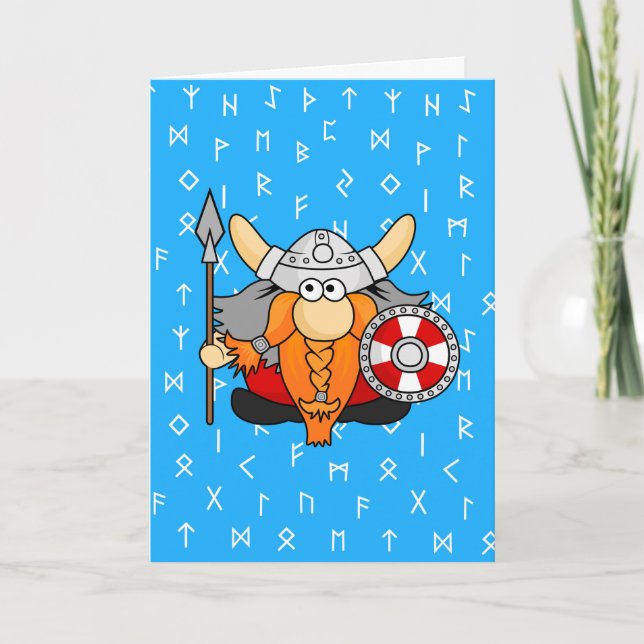 Cute Little Viking on Viking Runes Blue Background Holiday Card (Front)