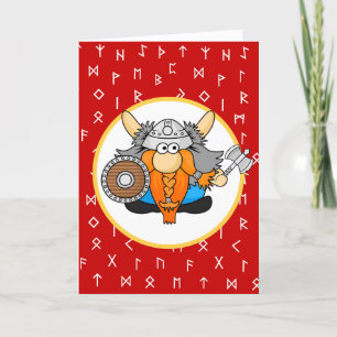 Cute Little Viking on Viking Runes Red Background Holiday Card
