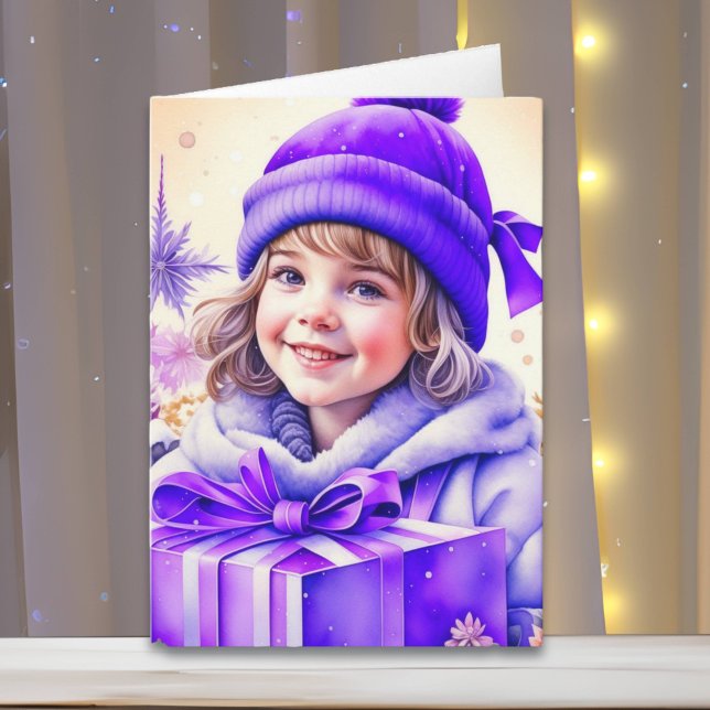 Cute Little Vintage Girl in Purple Christmas Card (Creator Uploaded)