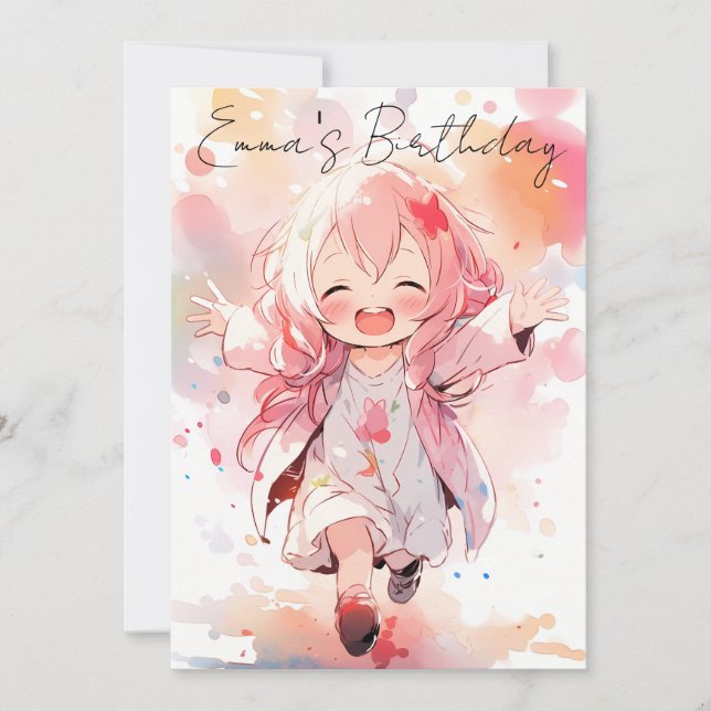 Cute little watercolor girl birthday invitation (Front)