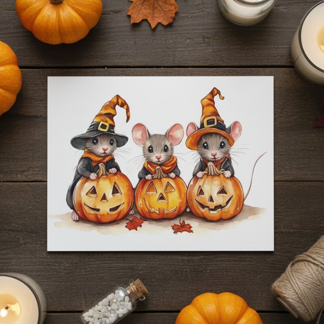 Cute little Watercolor Mice Halloween Pumpkins Holiday Card (Creator Uploaded)