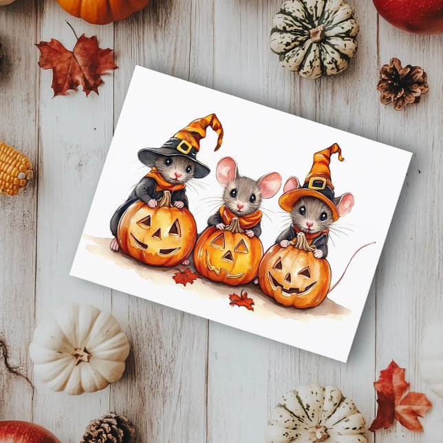 Cute little Watercolor Mice Halloween Pumpkins Postcard (Creator Uploaded)