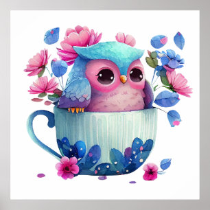 Cute Little Watercolor Mug Owl & Flowers Poster