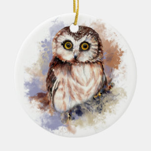 Cute Little Watercolor Owl Bird Nature Art Ceramic Tree Decoration
