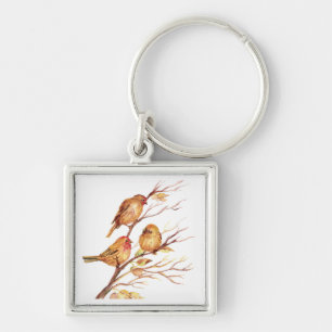 Cute Little Watercolor Sparrow Garden Birds Key Ring