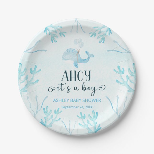 Cute little whale baby shower Paper Plate (Front)
