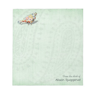 Cute Little Whimsical Bird Paisley Green Custom Notepad