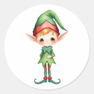 Cute Little Whimsical Watercolor Christmas Elf Classic Round Sticker