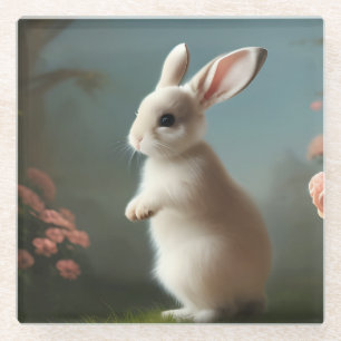 Cute Little White Bunny and Roses Glass Coaster