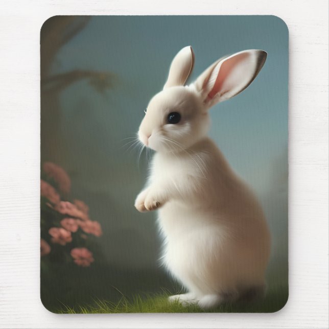 Cute Little White Bunny and Roses Mouse Mat (Front)