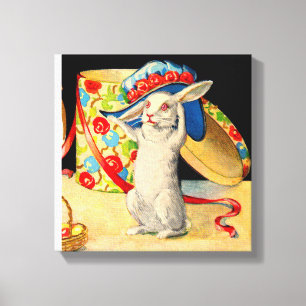 cute little white bunny wearing big hat canvas print