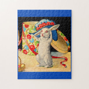 cute little white bunny wearing big hat jigsaw puzzle