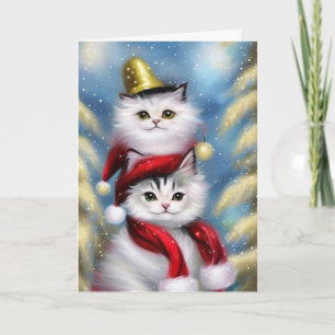 Cute Little White Christmas Cats with a Gold Hat Card