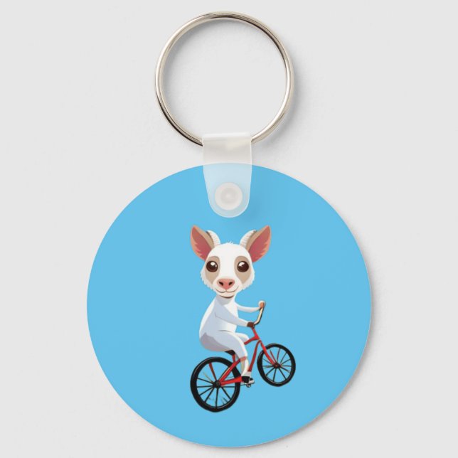 Cute little white goat on a bicycle key ring (Front)