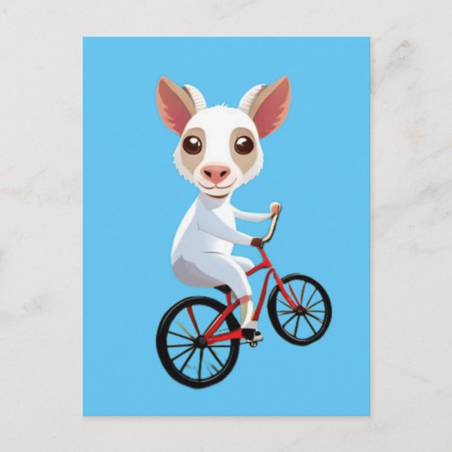 Cute little white goat on a bicycle postcard (Front)