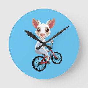 Cute little white goat on a bicycle round clock