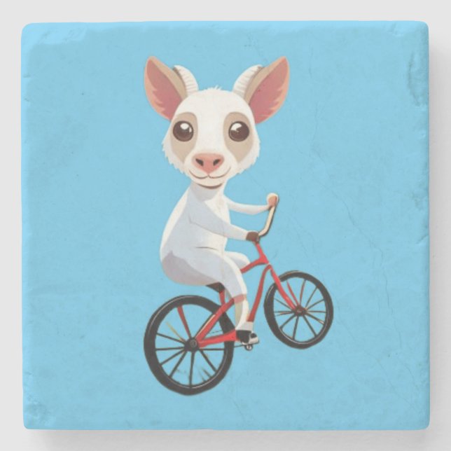 Cute little white goat on a bicycle stone coaster (Front)