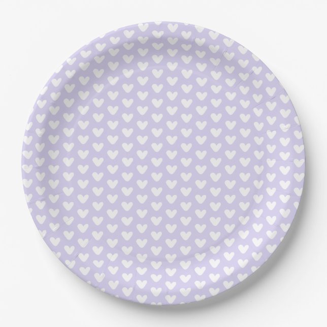 Cute Little White Hearts Pattern Lavender Paper Plate (Front)