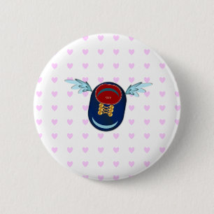 Cute little winged shoe cartoon and pink hearts 6 cm round badge