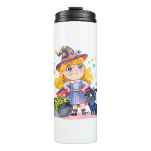 Cute little witch and black cat thermal tumbler