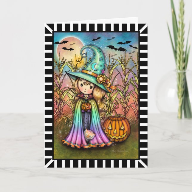 Cute Little Witch and Cat Halloween Card (Front)