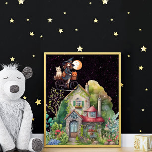 Cute Little Witch And Cat With A Happy House Poster