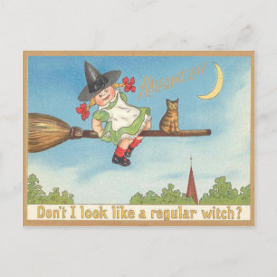 Cute Little Witch Cat Crescent Moon Broom Postcard