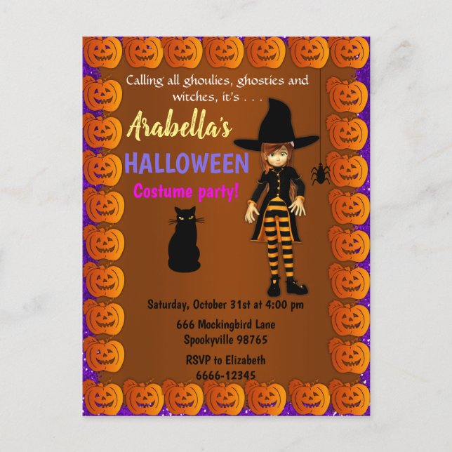 Cute Little Witch Children's Halloween Invitation Postcard (Front)