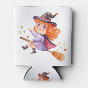 Cute little witch flying on a broomstick can cooler